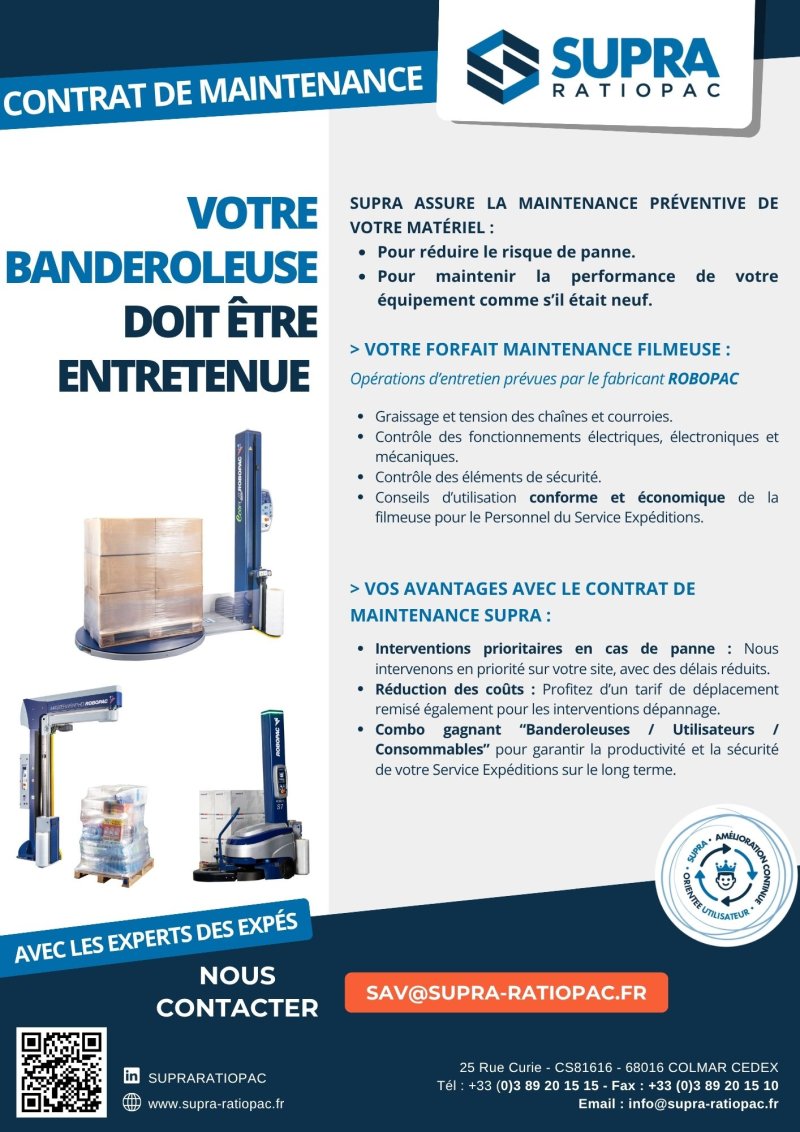 Flyer du contrat de maintenance Supra Ratiopac : maintenance et SAV des banderoleuses Robopac